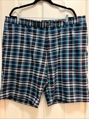 adidas Navy and White Plaid Button-Up Short with Teal Accent